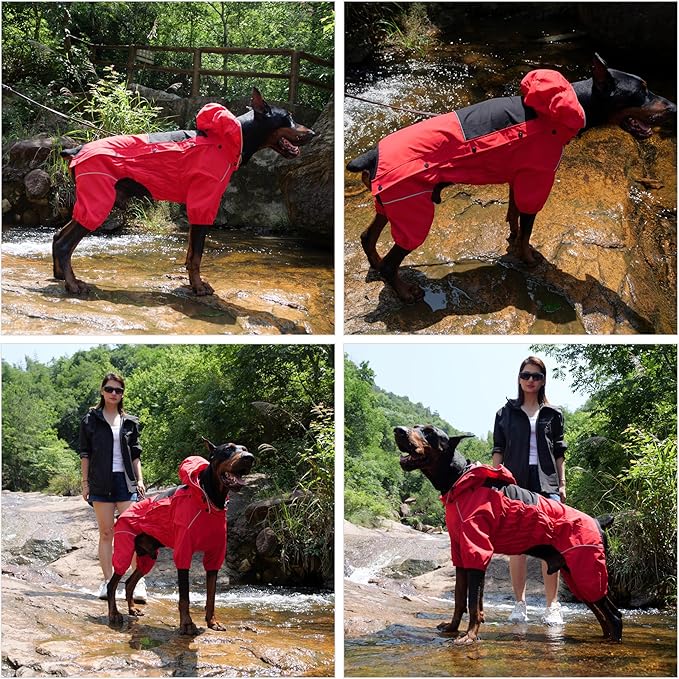 LOVELONGLONG Fleece-Lined Dog Raincoat with Removable Hood – Waterproof Winter Full Body Dog Jacket – Windproof Snowproof Cold-Weather Suit – Red-F 3XL