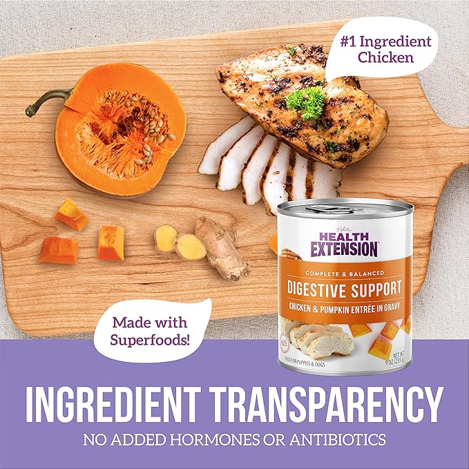 Health Extension Digestive Support Variety Pack Wet Dog Food, (9 oz, Case of 6 Cans) – Complete & Balanced with Superfoods & Gravy for Optimal Digestion