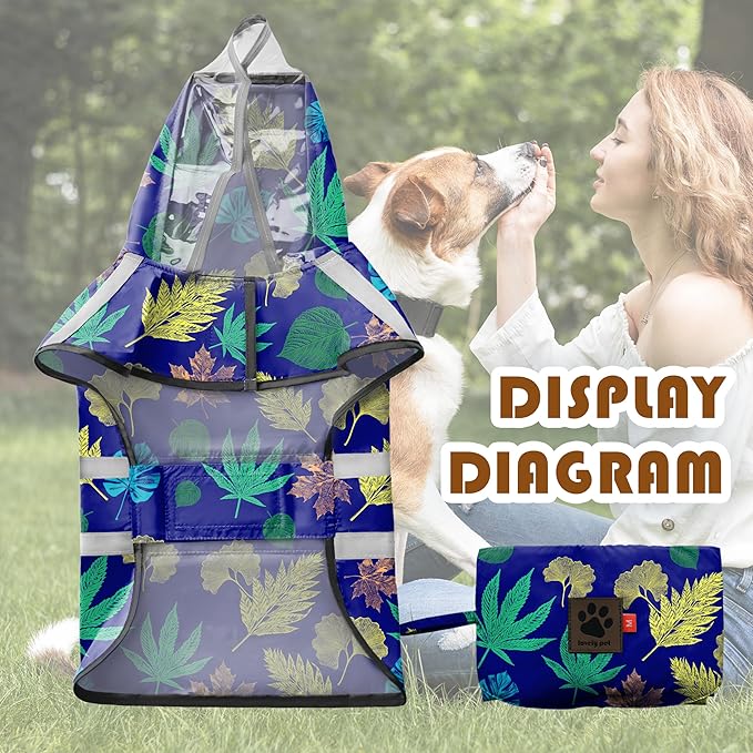Dog Raincoat, Adjustable Rain Jacket with Hooded Double Layer for Large Medium Small Dogs Puppies, Lightweight Waterproof Rain Coat Poncho with Reflective Stripe Leaf Blue,XL
