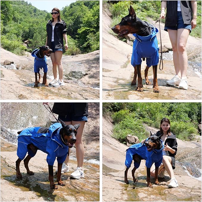 LOVELONGLONG Waterproof Dog Raincoat with Removable Hood – Outdoor Full Body Dog Jacket, Windproof Snowproof Shell Suit – All Season Pet Rain Gear Blue 4XL