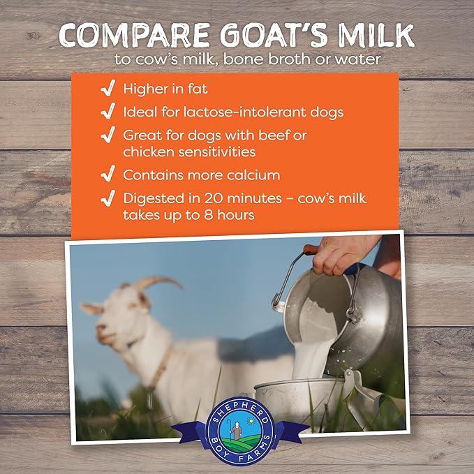 Shepherd Boy Farms Freeze Dried Raw Goats Milk with Probiotics for Dogs & Cats (Golden Blend), Organic USA Veggies & Fruits, High Protein, Digestible Goat Milk Powder, Food Toppers - Makes 32 FL OZ