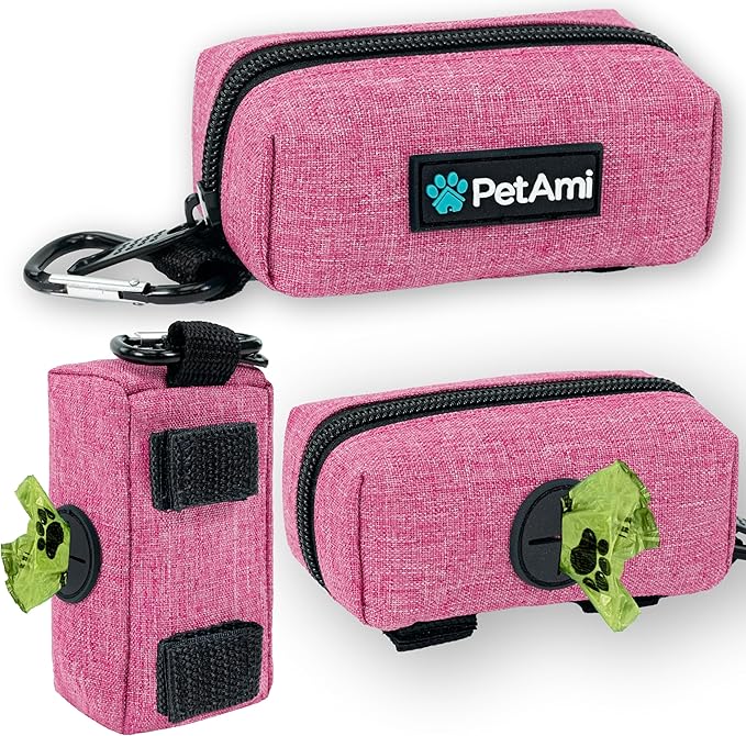 PetAmi Dog Poop Bag Holder for Leash Attachment, Doggie Zipper Pouch Soft Fabric Poop Bag Carrier, Dog Pet Waste Bag Dispenser with Carabiner Clip, 1 Roll of Dog Trash Bag (Pink, 1 Pack)