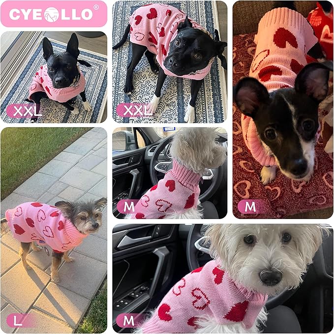 cyeollo Dog Sweaters for Small Dogs Valentines Day Dog Clothes Heart Pattern Turtleneck with Leash Hole Holiday Outfit Pet Apparel Pullover Sweaters for Dogs Pink