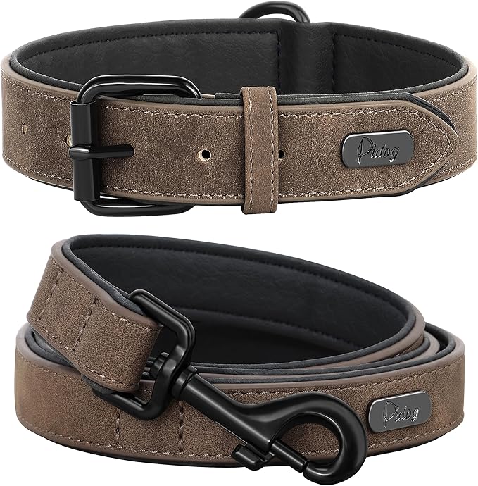 Didog Soft Padded Leather Dog Collar and Leash Set, Adjustable Dog Leash and Collar Set with Metal Buckle, Breathable Dog Collars with 4FT Leather Dog Leash for Small Medium Large Dogs, Brown, L