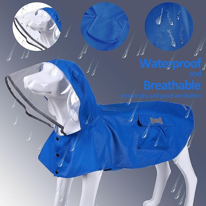 Waterproof Dog Raincoat, Adjustable Reflective Lightweight Pet Rain Clothes with Poncho Hood (X-Large, Blue)