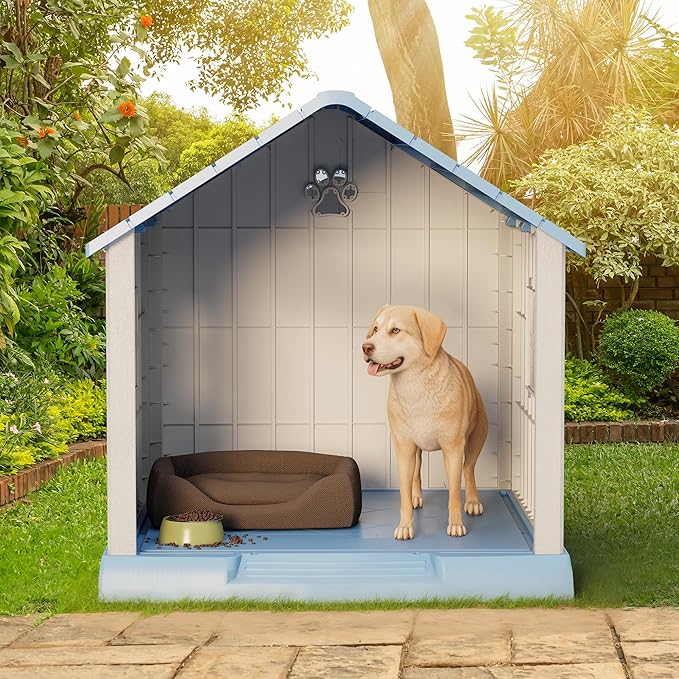 Dog House for Outdoor & Indoor Use with Window, Waterproof Ventilated Kennel with Elevated Floor, Easy to Clean Shelter for Small Medium Large Dogs (Blue, 37.2" L x 40" W x 40" H)