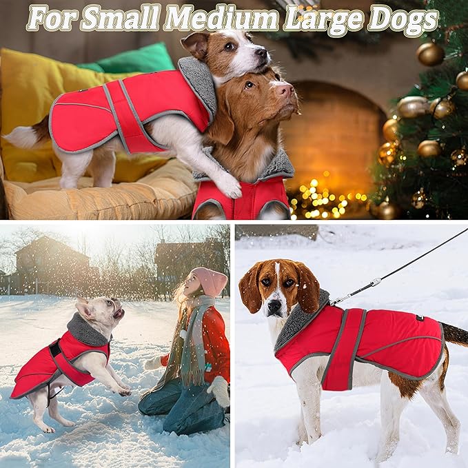 Dogcheer Dog Coat, Waterproof Dog Jacket Reflective Pet Winter Coat with Adjustable Hook & Loop, Christmas Puppy Fleece Jacket Warm Turtleneck Snowsuit for Small Medium Large Dogs - Red, XL