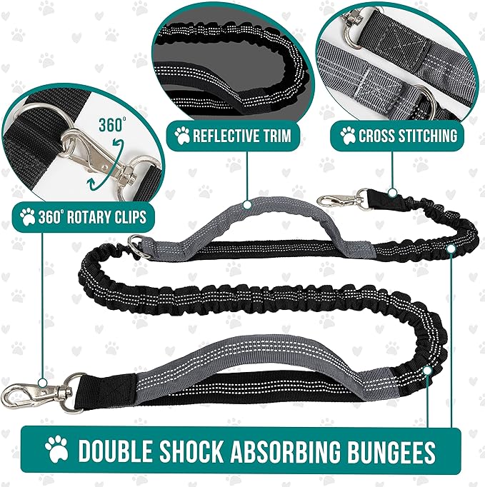 PetAmi Hands Free Dog Leash, Running Leash Belt Bag for Walking, Jogging, Waist Double Zipper Pouch with Poop Dispenser, Dual Padded Handles Reflective Bungee Double, Purple, 2 Leashes