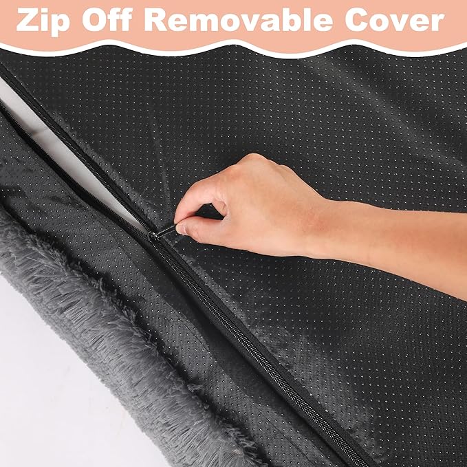 Bedfolks Waterproof Dog Crate Bed,Plush Dog Crate Pad with Removable Cover,Faux Fur Dog Bed for Large Dogs,Fluffy Washable Dog Kennel Bed 35"x23",Solid Dark Grey