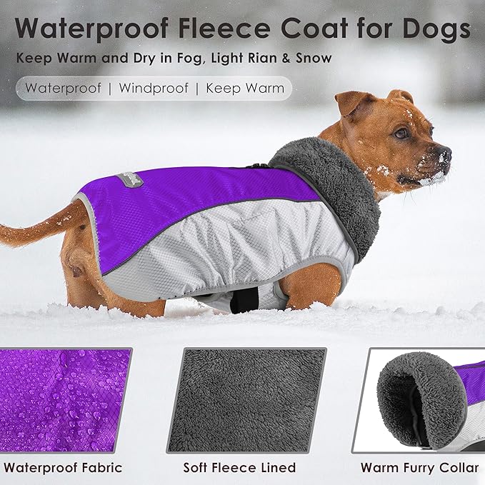 Dog Coat, Waterproof Ripstop Dog Winter Jacket with Leash Hole, Reflective Adjustable Warm Pet Fleece Snow Sweater for Small Medium Large Dogs - Purple, 3XL