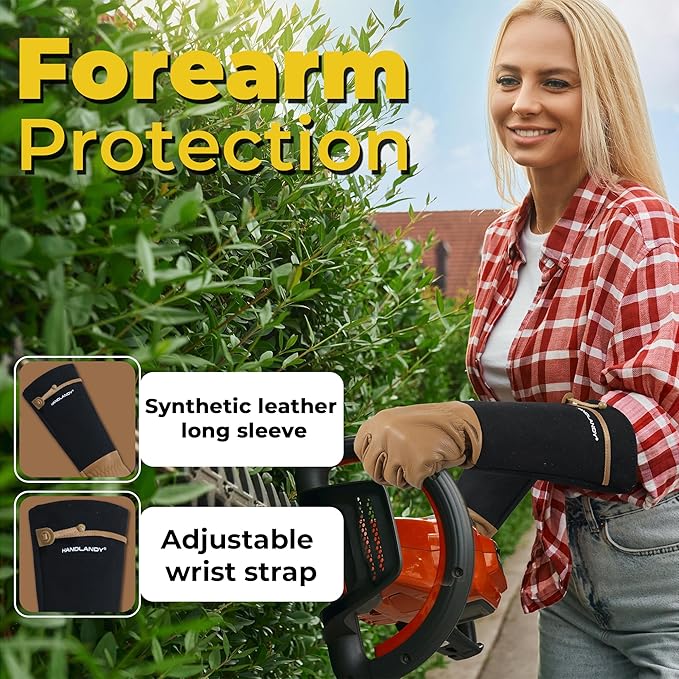 HANDLANDY Long Gardening Gloves for Men & Women, Cowhide Leather Rose Pruning Gloves, Breathable Thorn Proof Gauntlet Glove (Brown-Cowhide, L)