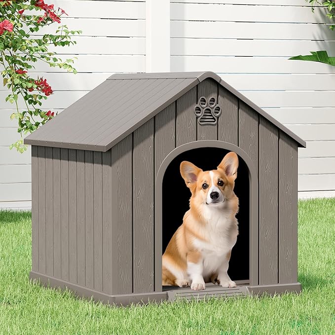 Dog House Outdoor Indoor, Weatherproof Insulated Dog House with Elevated Floor and Air Vents for Small to Medium Dogs,Easy Clean and Assemble (Grey, 26.18''L × 24.02''W × 25.98''H)