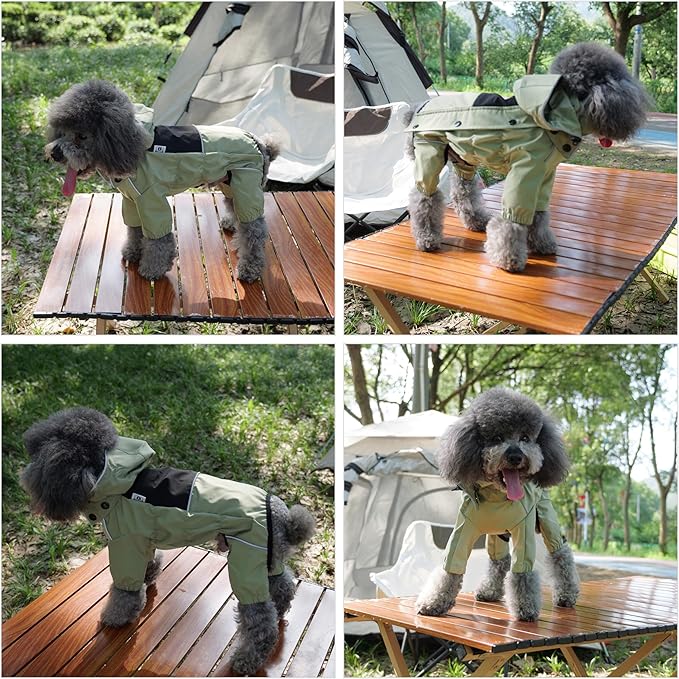 LOVELONGLONG Waterproof Dog Raincoat with Removable Hood – Outdoor Full Body Dog Jacket, Windproof Snowproof Shell Suit – All Season Pet Rain Gear Sage Green L