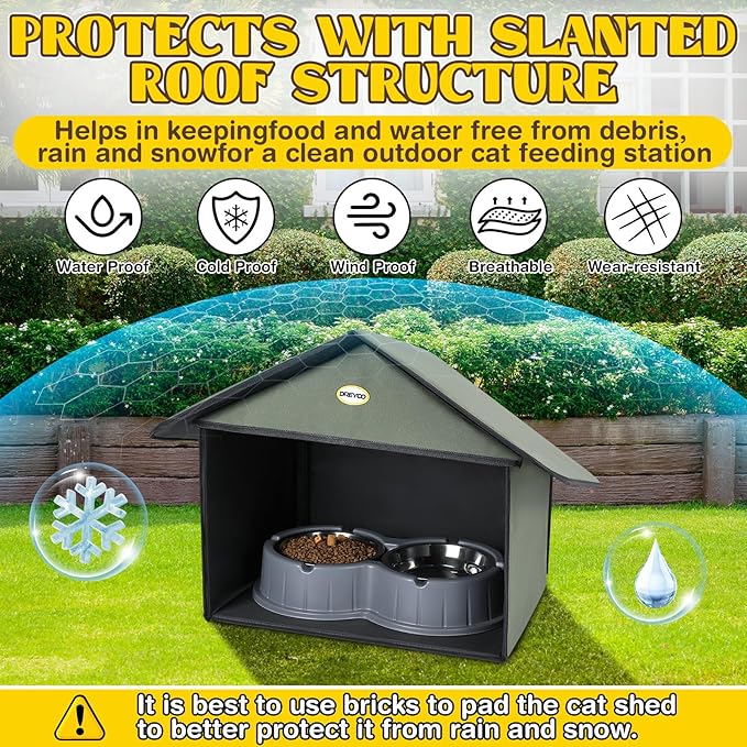 Dreyoo 2 Pack Outdoor Cat Feeding Station for Food & Water, Weatherproof Outdoor Kitty Dining Room Cat Shelter for Stray, Feral Cats and Community Cats, 13”d x 17”w x 15.5'h (Dark Green)