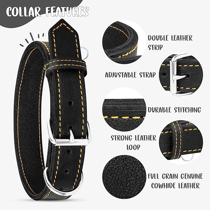 Riparo Dog Collar - Genuine Leather Dog Collars - Heavy Duty Dog Collars for Medium Large and Extra Large Dog Breeds (M: 1” Wide for 14” - 18” Neck, Black/Orange Thread)