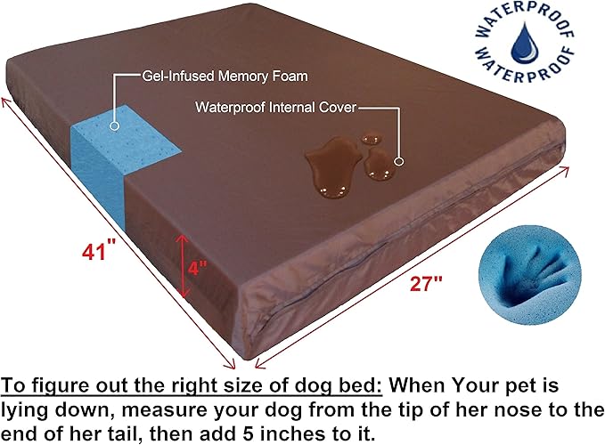 Dogbed4less Orthopedic Dog Bed with Memory Foam for Medium Large Pet, Waterproof Liner, Washable Micro Suede Espresso Cover, 41X27X4 Inch (Fit 42X28 Crate)