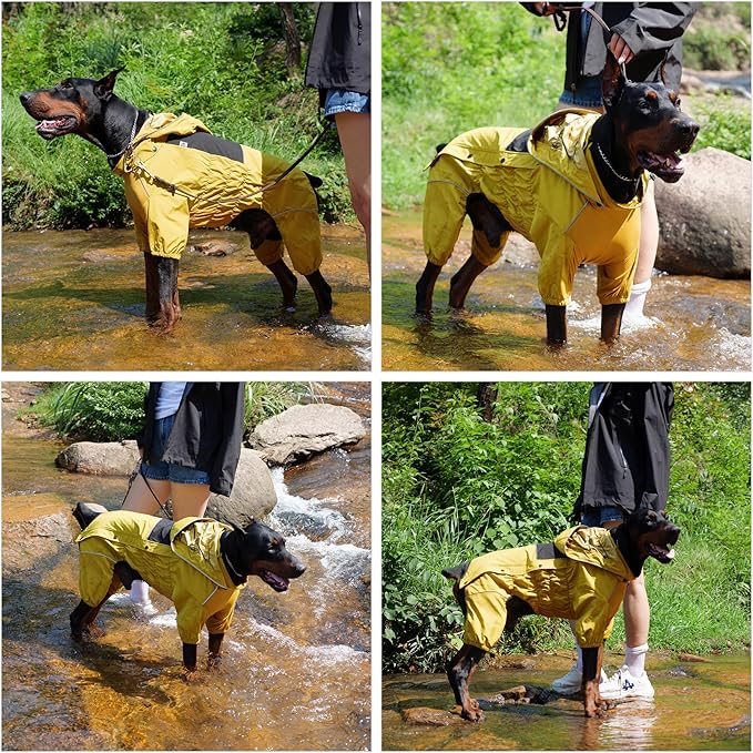 LOVELONGLONG Waterproof Dog Raincoat with Removable Hood – Outdoor Full Body Dog Jacket, Windproof Snowproof Shell Suit – All Season Pet Rain Gear Mustard Yellow XL