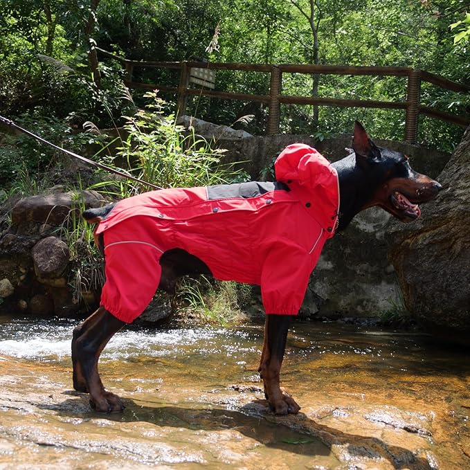 LOVELONGLONG Waterproof Dog Raincoat with Removable Hood – Outdoor Full Body Dog Jacket, Windproof Snowproof Shell Suit – All Season Pet Rain Gear Red XL