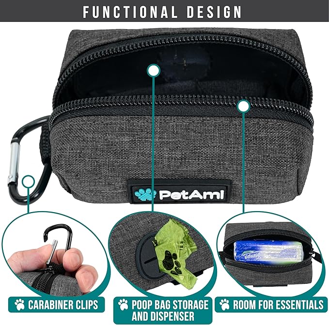 PetAmi Dog Poop Bag Holder for Leash Doggie Waste Bag Dispenser with Clip & Velcro Belt for Puppy Potty Walking Accessories Travel Camping Pet Supplies Zipper Pouch with Trash Bag Roll, Gray 1 Pack
