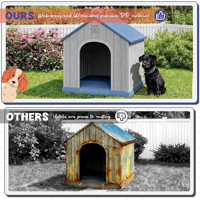 Dog House Outdoor Indoor, Plastic Small Dog House-Weatherproof & Insulated Design with Air Vents & Elevated Floor for Small to Medium Dogs, Easy Clean and Assemble (Blue)