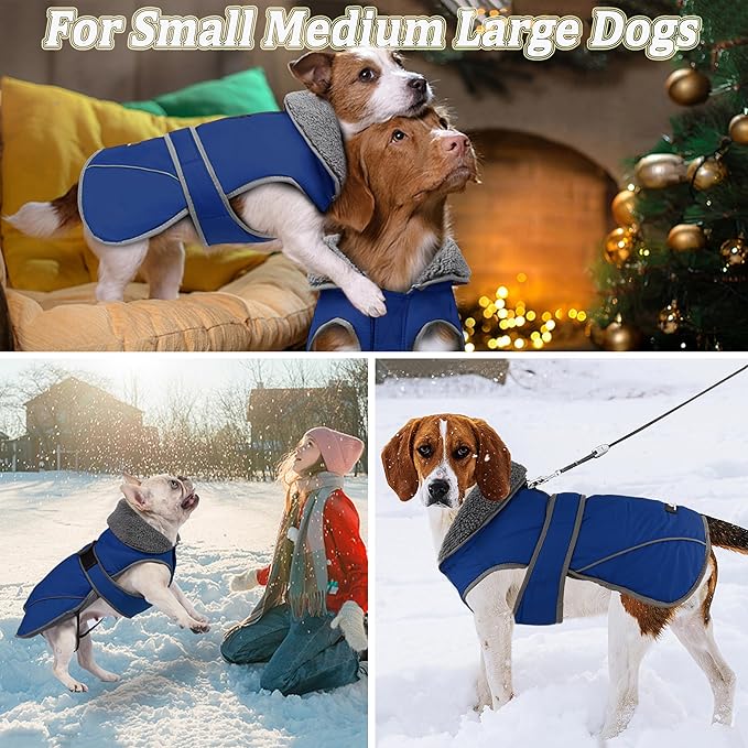 Dogcheer Dog Coat, Waterproof Dog Jacket Reflective Pet Winter Coat with Adjustable Hook & Loop, Christmas Puppy Fleece Jacket Warm Turtleneck Snowsuit for Small Medium Large Dogs - Blue, L