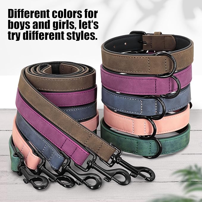 Didog Soft Padded Leather Dog Collar and Leash Set, Adjustable Dog Leash and Collar Set with Metal Buckle, Breathable Dog Collars with 4FT Leather Dog Leash for Small Medium Large Dogs, Brown, L