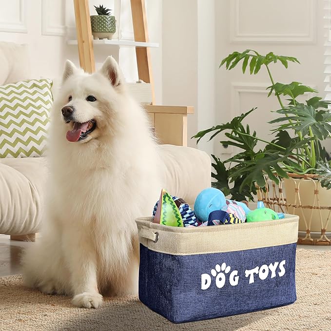PET ARTIST Dog Toy Basket, Collapsible Dog Toy Bin Box with Comfortable Handles, Large Pet Toy Storage Basket Organizer for Accessories, Toys, Coat & Clothing, Blanket & Leash, Navy Blue, 15"x11"x9"