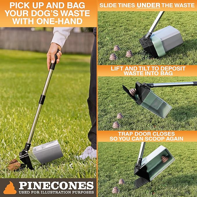 Neater Pet Brands Lift N’ Bag 2.0 Dog Pooper Scooper with Bag Attachment & 27" Pole for Small to Large Dogs, New & Improved Design, 195 Refill Bags, Heavy Duty Dog Poop Scooper for Yard, One-Hand Use