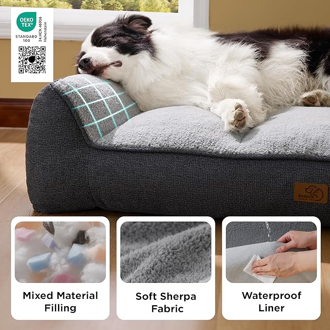 Bedsure XL Orthopedic Dog Beds Large Sized Dog - Extra Thick Supportive Dogs Couch with Waterproof Washable Cover, Extra Large Comfort Pet Bed Sofa with Soft Plush Sherpa and Nonskid Bottom, Grey, 42"