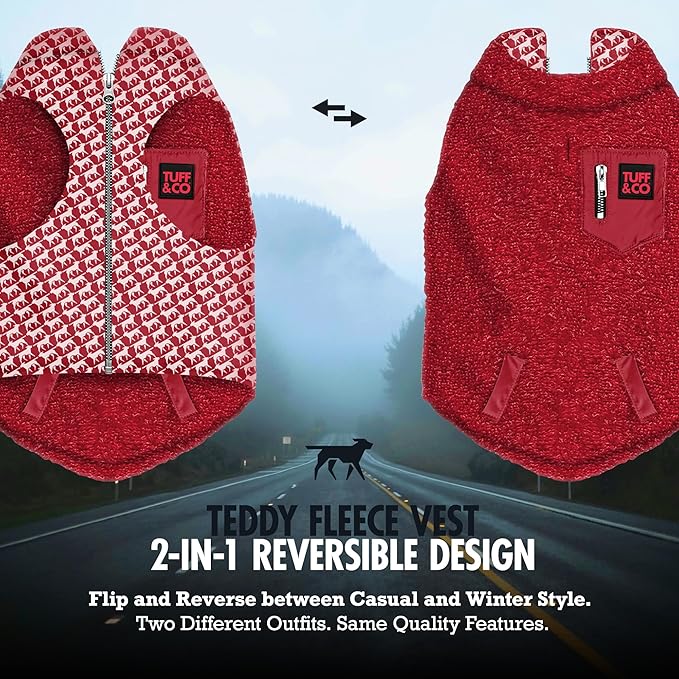 Tuff Pupper Reversible Fleece Sweater Vest for Dogs | Lightweight Comfortable Insulated Jacket | Front Zip Closure | Machine Washable | Built-in Leash Hole | Sizes for All Breeds (XXL, Red)