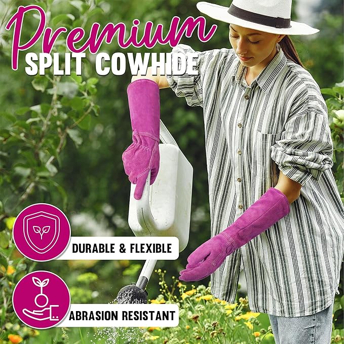 HANDLANDY Ladies Leather Gardening Gloves, Thorn Proof Women Rose Pruning Garden Yard Glove, Heavy Duty Long Sleeve Gloves (Medium, Rosy)