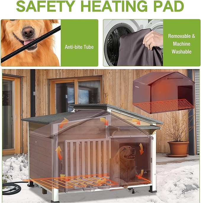 Heated Dog House Outdoor, Insulated Dog Kennel with Heating Pad for Winter, Weatherproof Dog Shelter with Anti-Chewing Metal Frame and Bowls for Small Medium Large Dogs (Light Brown