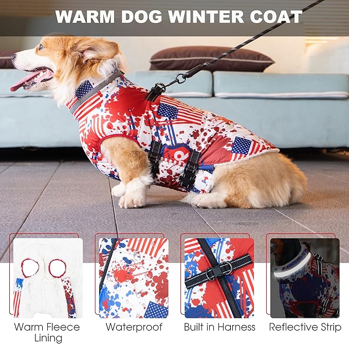 Large Dog Coat with Harness Built-in, Waterproof Reflective Fleece Lined - Warm Windproof Winter Jacket with Back Zipper, Cold Weather Snow Dog Coats - American Flag - 2XL