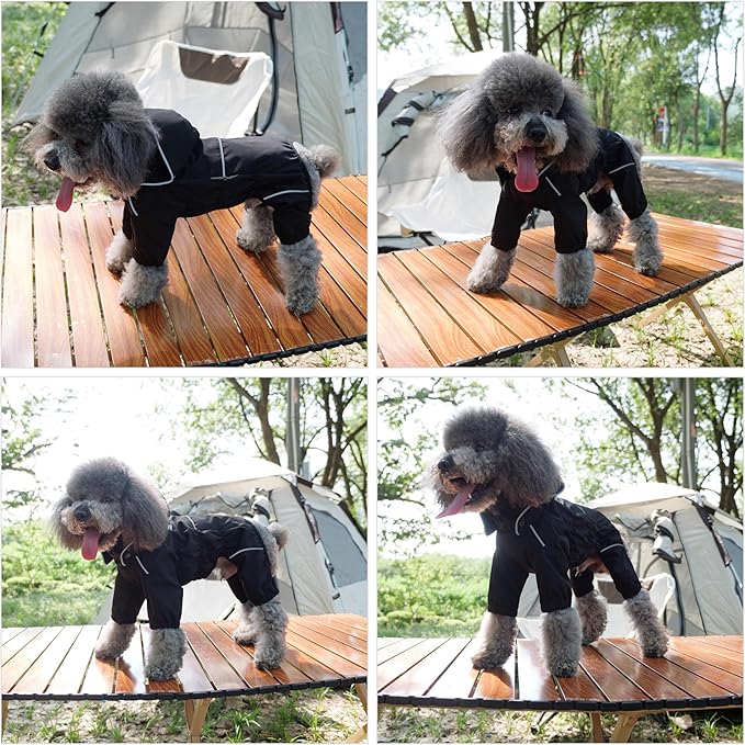 LOVELONGLONG Fleece-Lined Dog Raincoat with Removable Hood – Waterproof Winter Full Body Dog Jacket – Windproof Snowproof Cold-Weather Suit – Black-F L