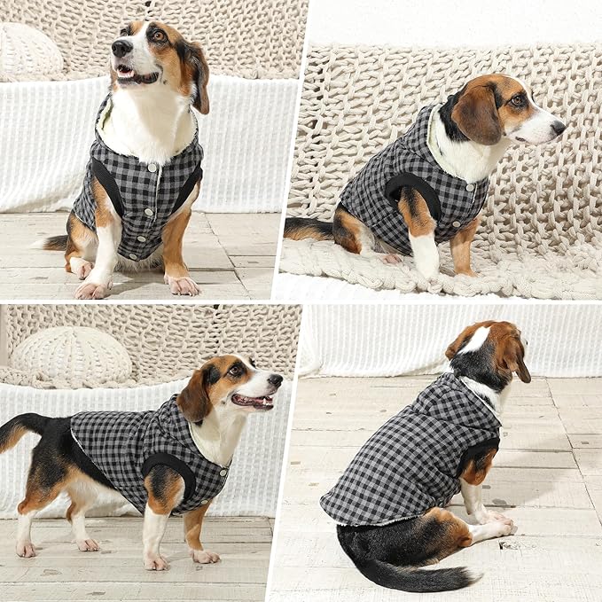 Fleece Lining Dog Hoodie for Small Dogs Extra Warm Plaid Sweater with Drawstring Hooded Coats in Winter Puppy Jacket,Black M