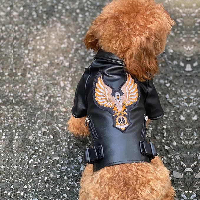 Lovelonglong Cool Dog Leather Jacket, Warm Coats Dogs Windproof Cold Weather Coats for Large Medium Small Dogs with Eagle Embroidery Black XXL