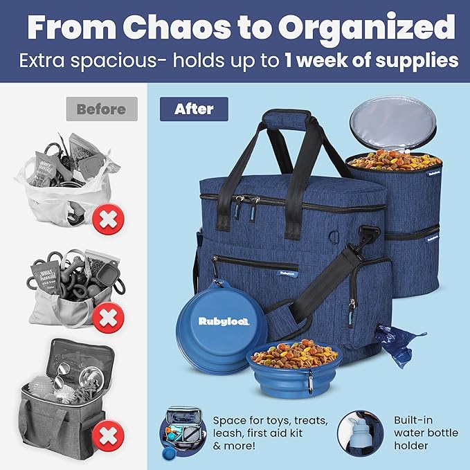 The Original Doggy Bag™ - Complete Dog Travel Bag for Supplies with 2 BPA-Free Travel Dog Bowls & 2 Pet Food Containers - Traveling Kit for Road Trips, Camping, Weekend Away or Doggy Gift - Navy
