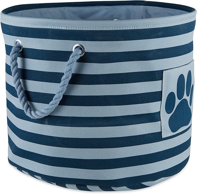 Bone Dry 5743 Pet Storage Collection Striped Paw Patch Bin, Medium Round, Dark Navy