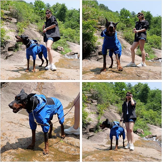 LOVELONGLONG Waterproof Dog Raincoat with Removable Hood – Outdoor Full Body Dog Jacket, Windproof Snowproof Shell Suit – All Season Pet Rain Gear Blue M