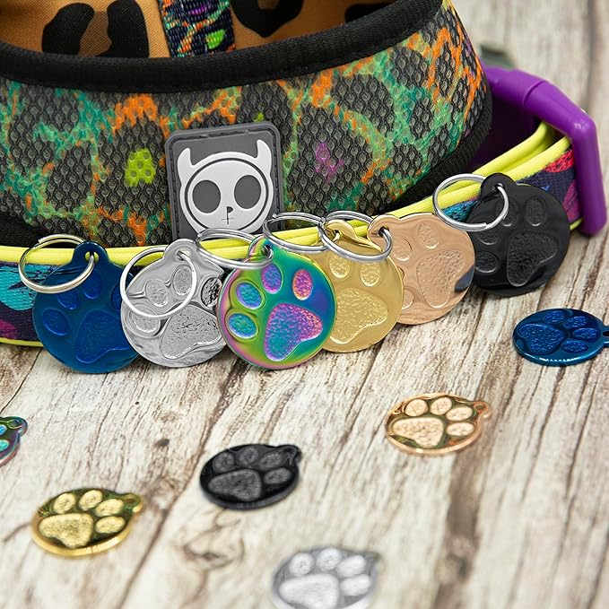 Engraved Pet Tag for Dogs and Cats - Personalized Front & Back up to 4 Lines of Text Custom Engraved ID, Round Paw Print Solid Plating Stainless Steel Rose Gold Regular