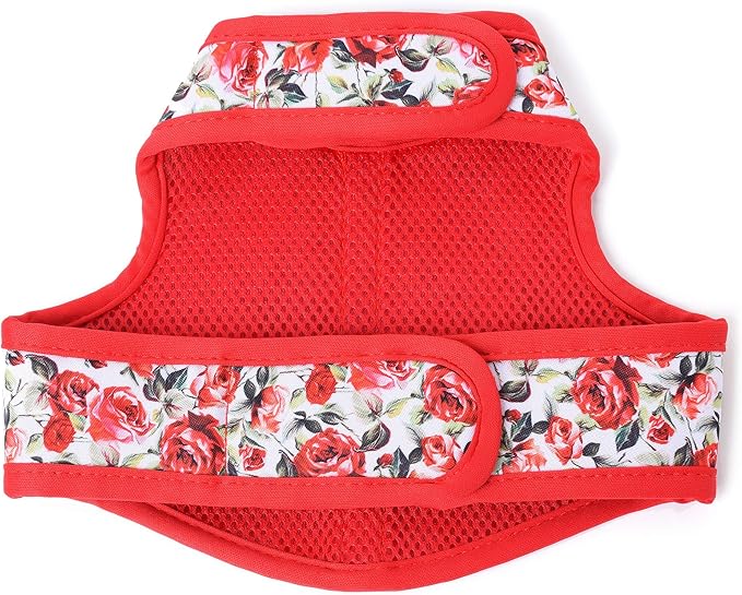 Mile High Life Dog Harness, Air Mesh Floral Vest Harness for 20 lbs Small Dogs & Cats, Easy Get on Adjustable Easy Closures Both Neck and Chest(Red Rose, XS Chest 14"-16")