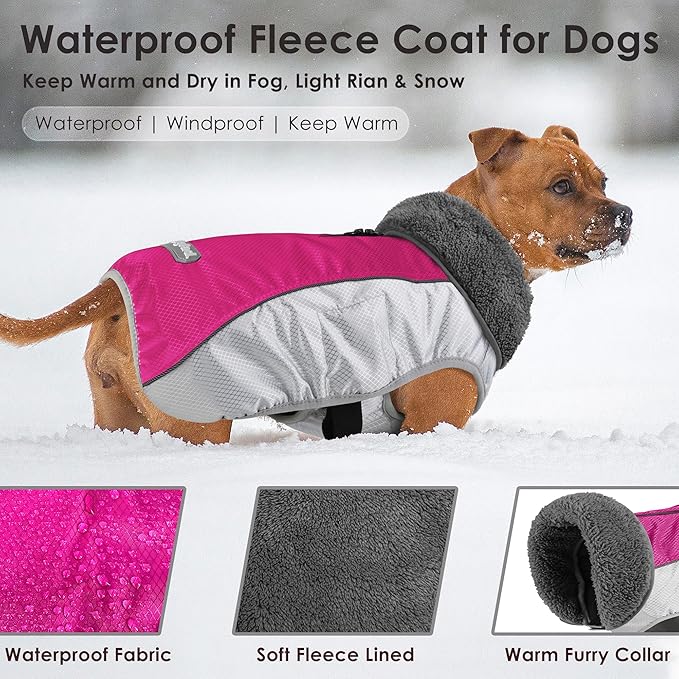 Dog Coat, Waterproof Ripstop Dog Winter Jacket with Leash Hole, Reflective Adjustable Warm Pet Fleece Snow Sweater for Small Medium Large Dogs - Rosy Red, 2XL