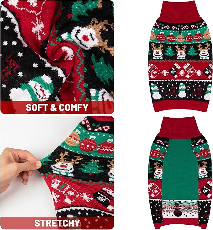 cyeollo Dog Christmas Sweater, Xmas Dogs Outfits Turtleneck Knitted Doggy Sweaters with Leash Hole Soft Dog Clothes for Medium to Large Dogs Girl & Boy, 2XL