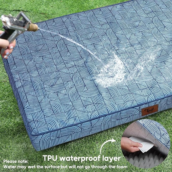 Outdoor Extra Large Dog Bed, Jumbo Waterproof Dog Bed for Large Dogs, Orthopedic Egg Crate Foam Pet Mat with Removable Oxford Cooling Cover, White Blue